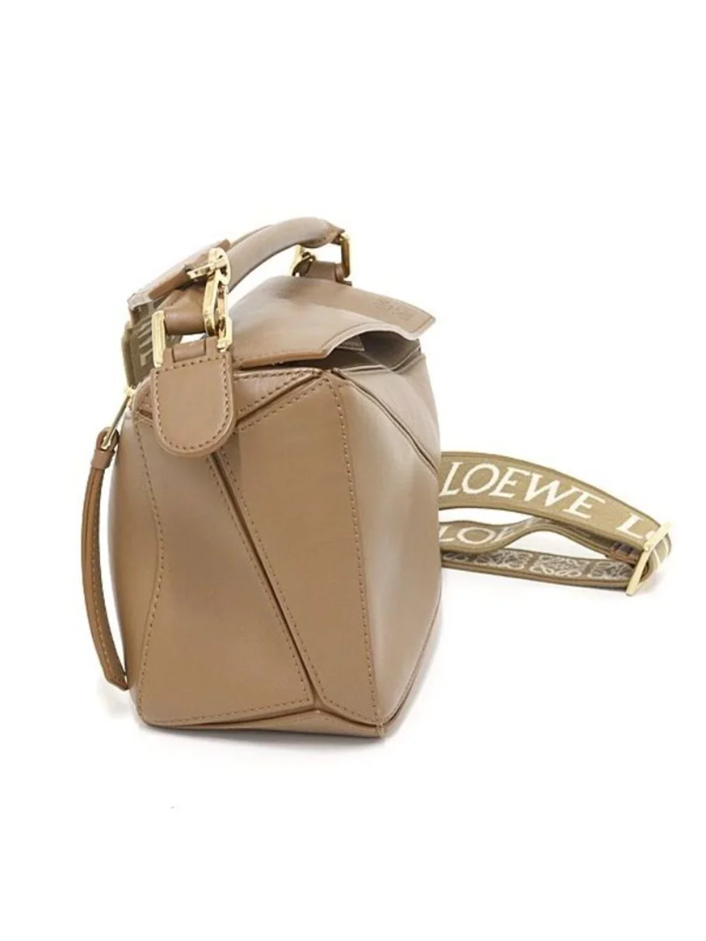 Loewe Puzzle Bag Small Calfskin Anagram Strap Taupe 3way Jacquard